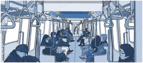 Illustration of people using public transport; train, subway, metro