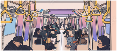 Illustration of people using public transport; train, subway, metro