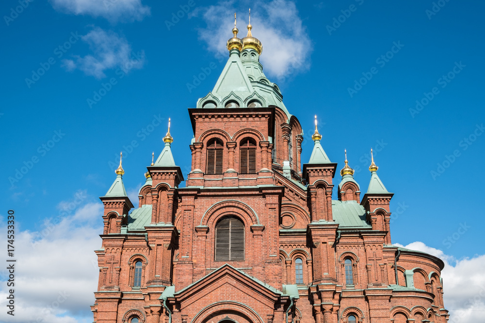 Uspenski Orthodox Cathedral in Helsinki, Finland, on a sunny day