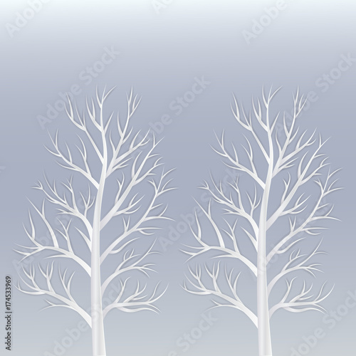 Winter Snow covered trees on background . paper art style.