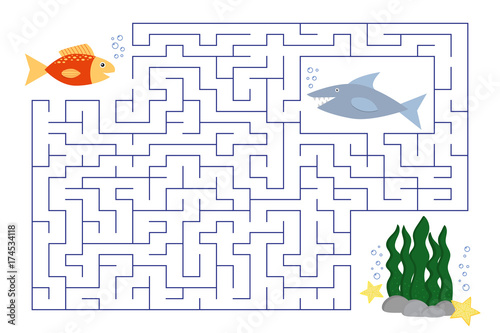 Funny maze for children, the underwater world, a small fish looking for a coral reef, beware of the hungry shark. Labyrinth for preschool and school kids. Vector illustration.