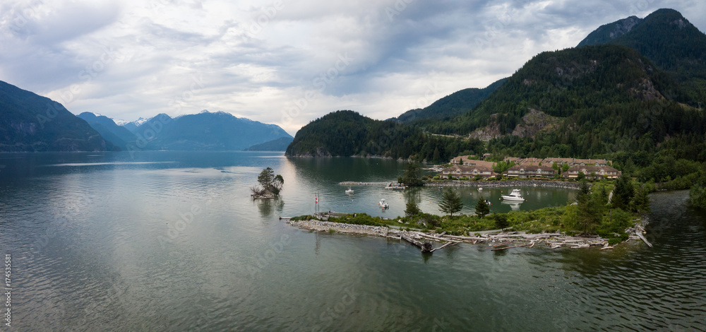 Aerial panorama of Furry Creek in Howe Sound, North of Vancouver, British Columbia, Canada. Taken during a cloudy summer evening.