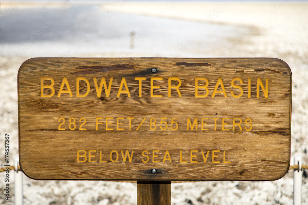 Fototapeta premium 282 feet below sea level sign at Badwater Basin in Death Valley, California. 