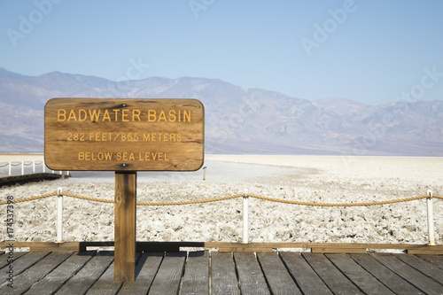 282 feet below sea level sign at Badwater Basin in Death Valley, California.  photo