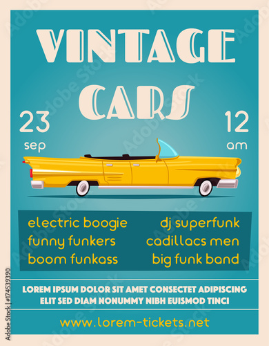 Vintage car show banner. Old auto. Cartoon vector illustration