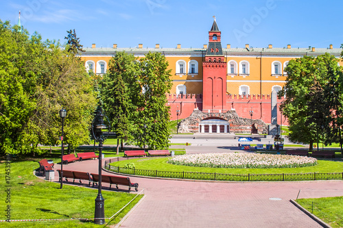 Alexander Garden park with a view of the Middle Arsenalnaya Tower in Moscow, Russia photo