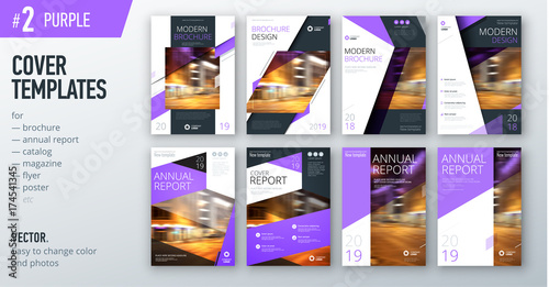Set of business cover design template in purple color for brochure, report, catalog, magazine or booklet. Creative vector background concept