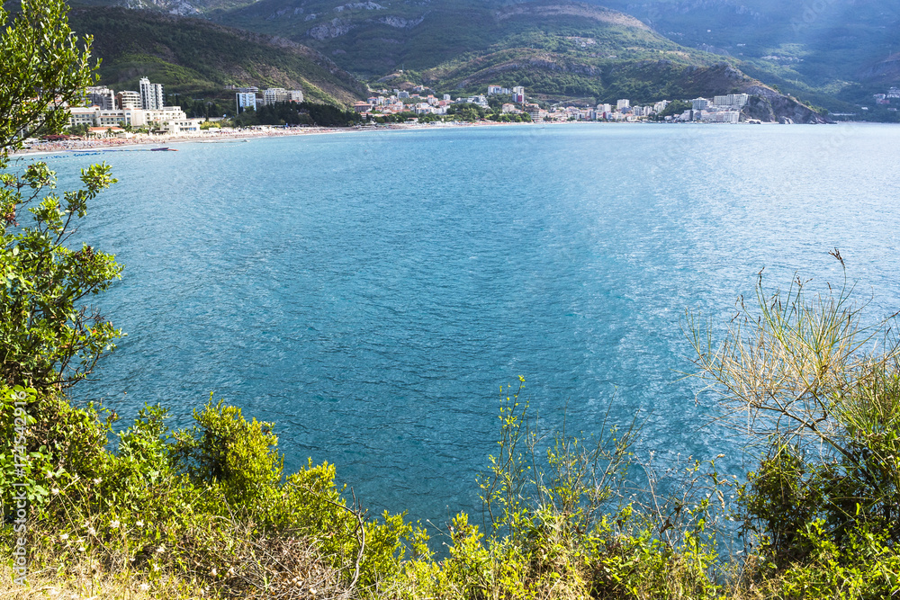 Obraz premium Sea view of the bay from the mountain. The turquoise sea and plants with young green leaves. Montenegro. The Budva Riviera