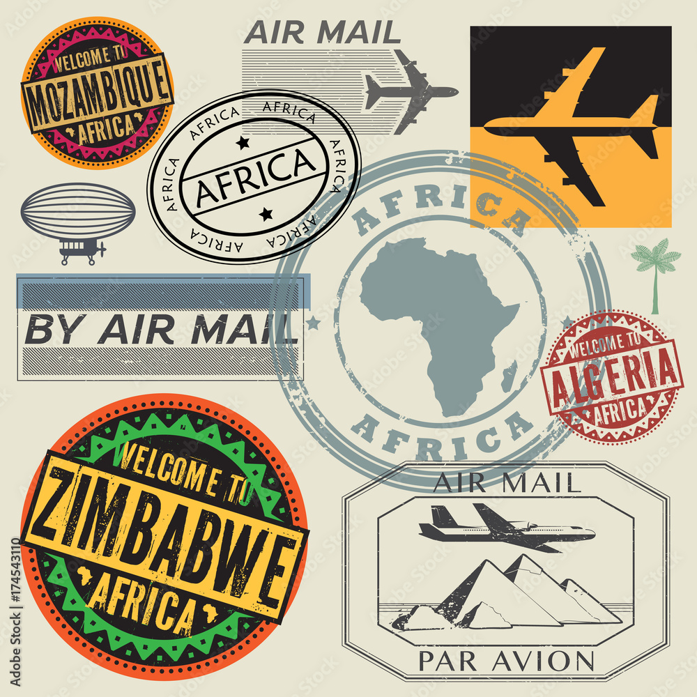 Travel and airport stamps or symbols set, Africa