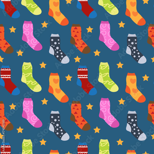 Winter socks with different prints seamless pattern. Christmas sock repeating texture. Endless background. Vector illustration