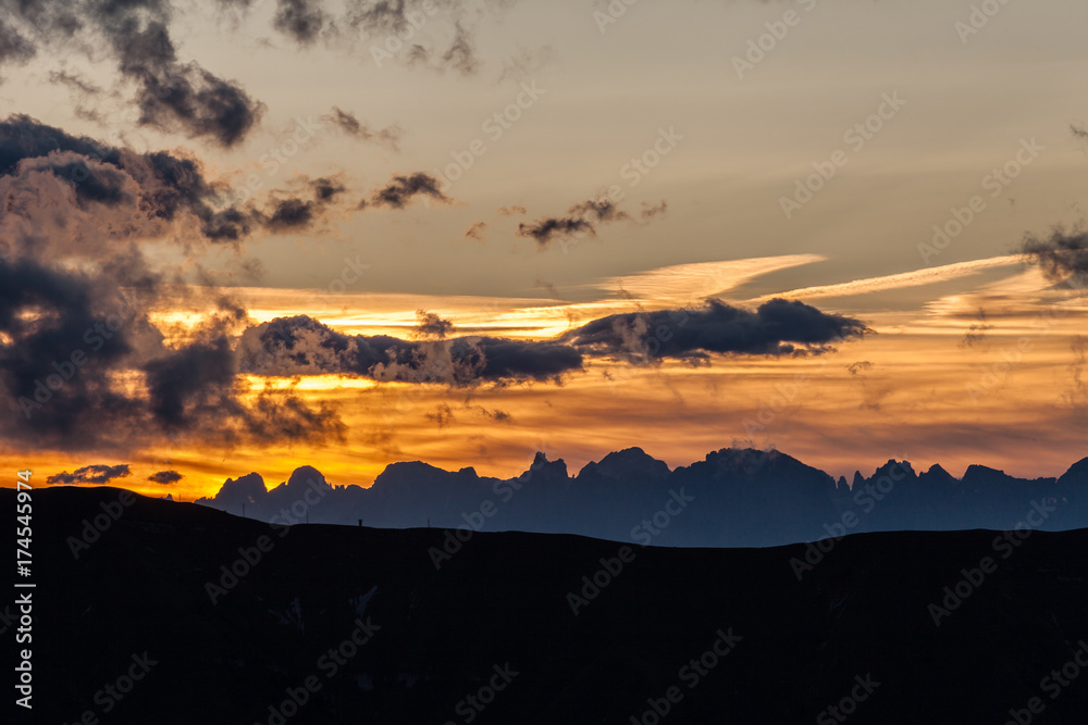 Dolomites skyline at sunset with awesome colors, Veneto, Italy