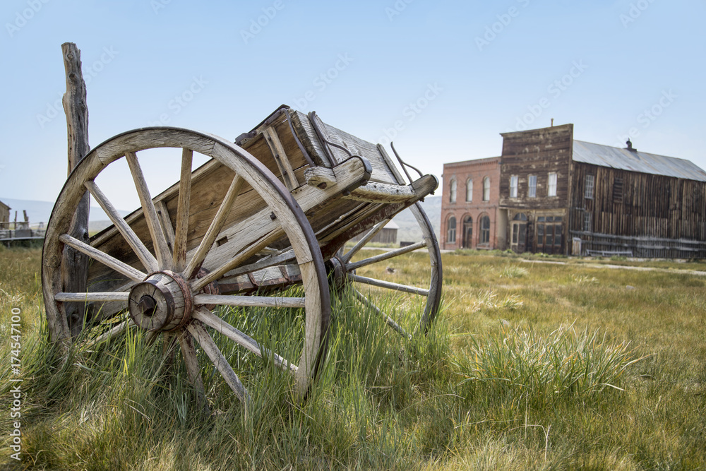 Abandoned cart and buildings from the California gold rush