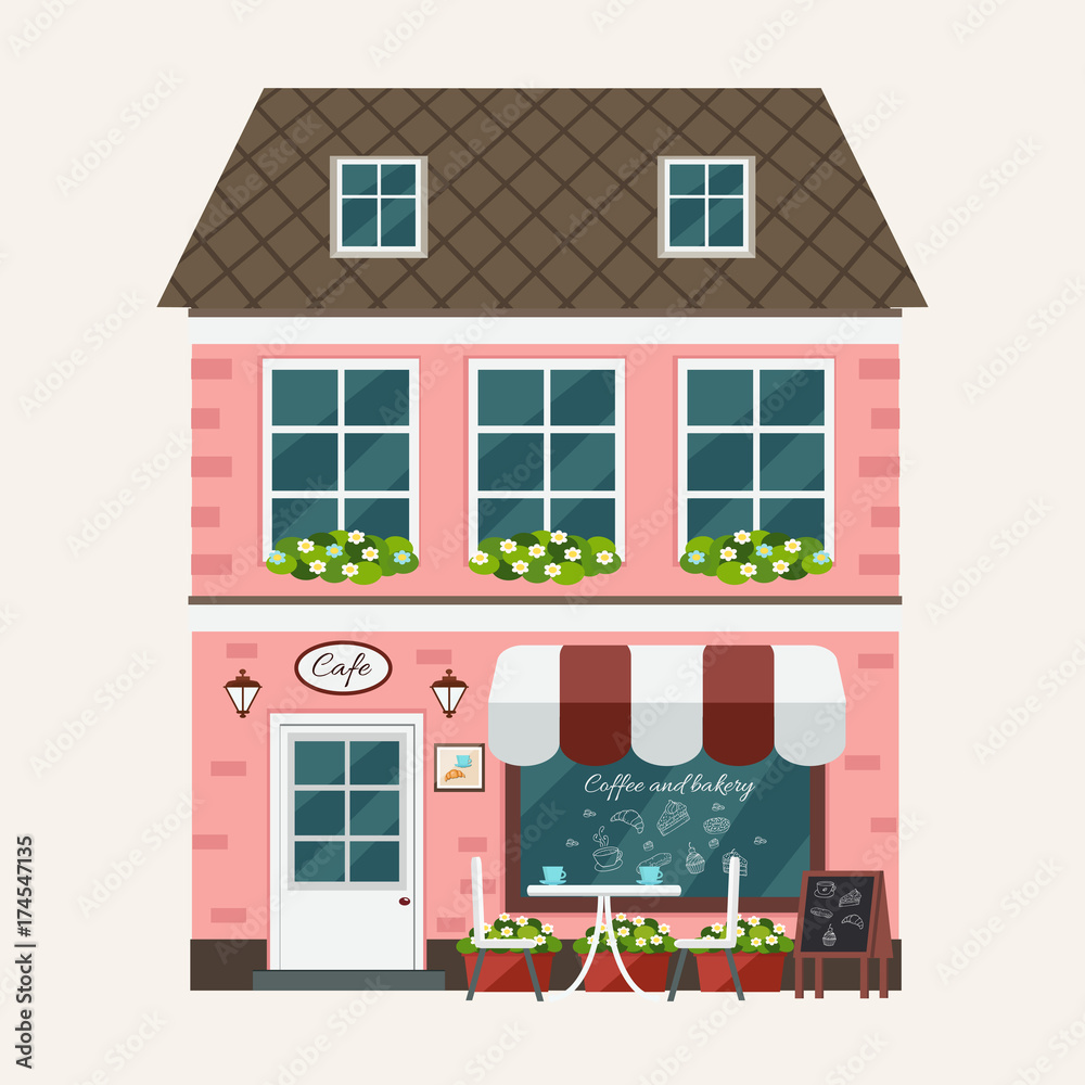 City cafe. Street cafe on big city background. Coffee shop. Flat design. Vector illustration.