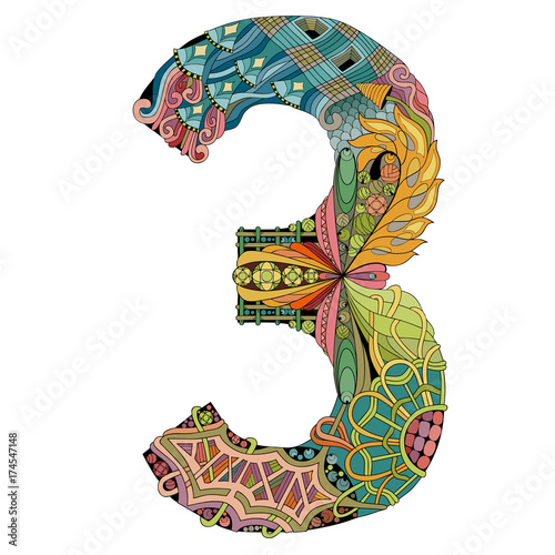 Number three Zentangle. Vector decorative object