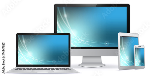 Computer Screen, Laptop, Tablet PC, Smart Phone Vector illustration.
