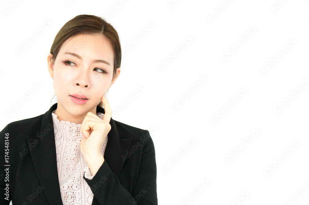 Asian beauty woman in working suit with thinking action on white background Asian beauty woman in working suit with thinking action on white background