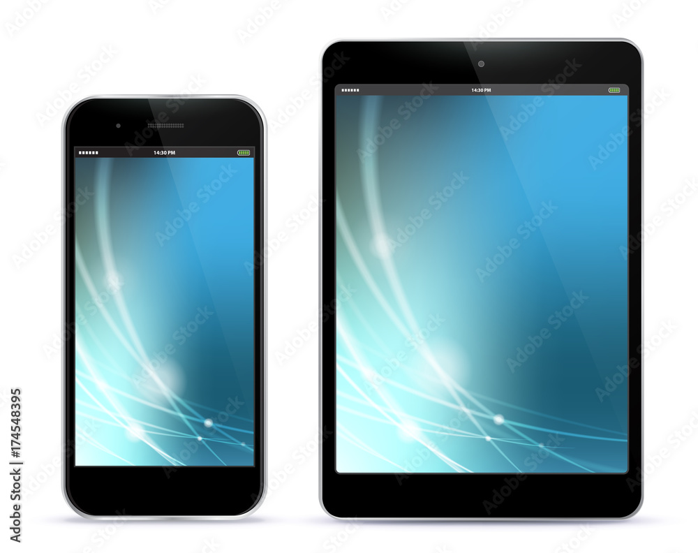 Black Mobile Phone and Tablet Computer Vector With Blue Technology Screen. Black Mobile Phone and Tablet Computer Vector With Blue Technology Screen.