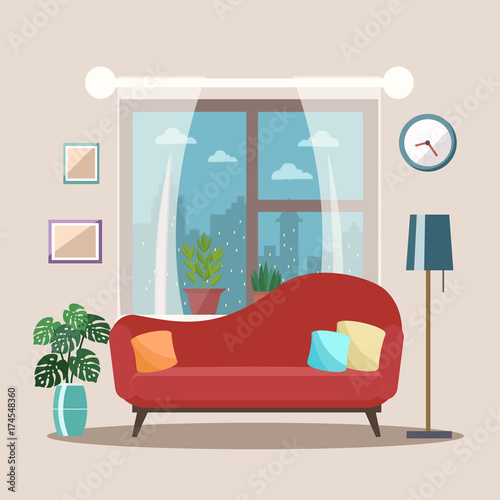 Living room interior with furniture. Flat design.