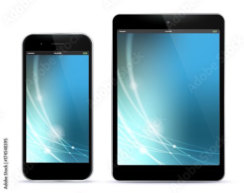 Black Mobile Phone and Tablet Computer Vector With Blue Technology Screen.