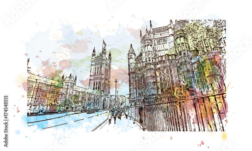 Watercolor sketch of Big Ben and houses of parliament London, UK (United Kingdom, England) in vector illustration.
