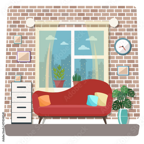 Living room interior with furniture. Flat design.