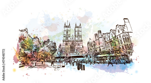 Watercolor sketch of Westminster Abbey London, UK (United Kingdom, England) in vector illustration.