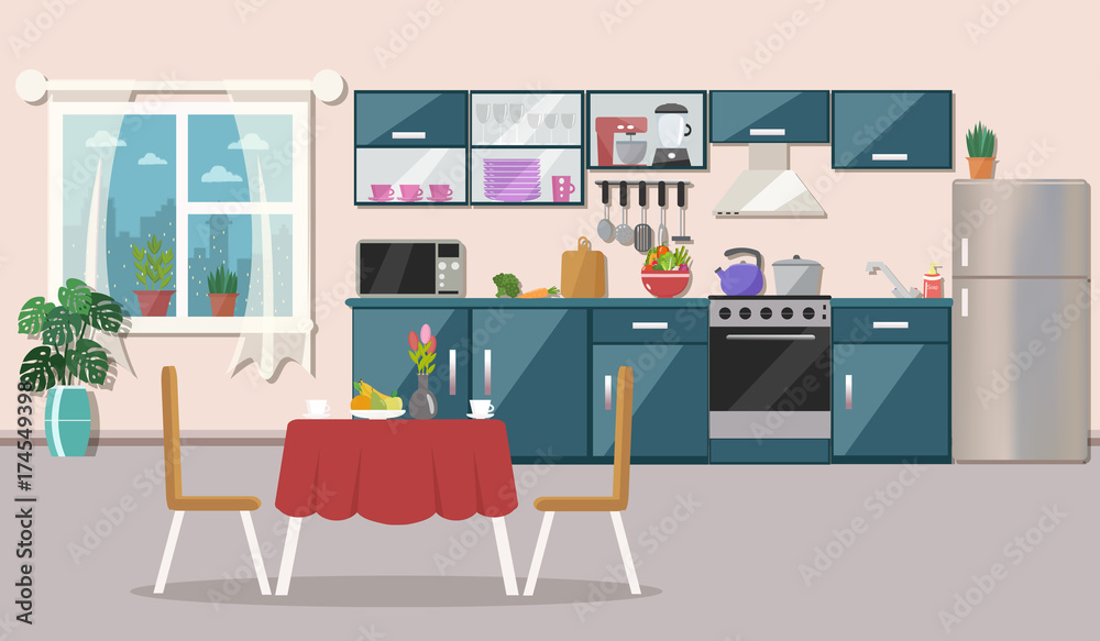 Fototapeta premium Kitchen interior with table, stove, cupboard, dishes, appliances and fridge vector illustration. Flat design.