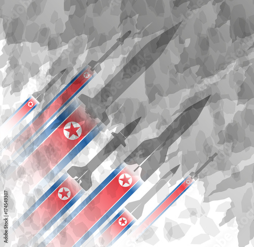 Silhouettes of rocket against the background of the flag of North Korea. Military background. Conflict in Asia