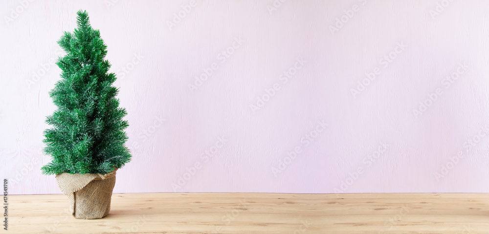 Fototapeta premium Christmas Tree, Pink Cement Background, Copy Space