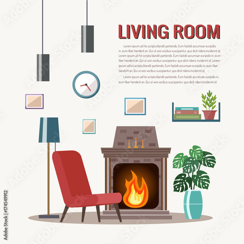 Cozy living room interior with furniture and fireplace. Flat design.