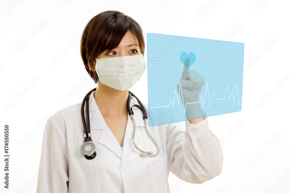 Asian doctor pressing heart button on virtual interface Asian doctor pressing heart button on virtual interface