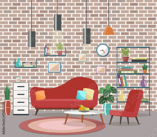 Cozy living room interior with furniture and fireplace. Flat design.