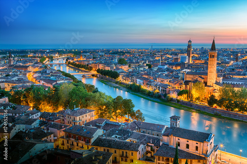 Sunset aerial panorama view of Verona. Italy. Blue hour