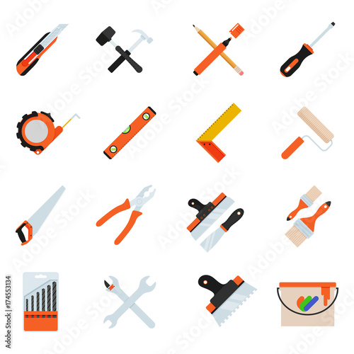 Construction repair tools flat icon set.