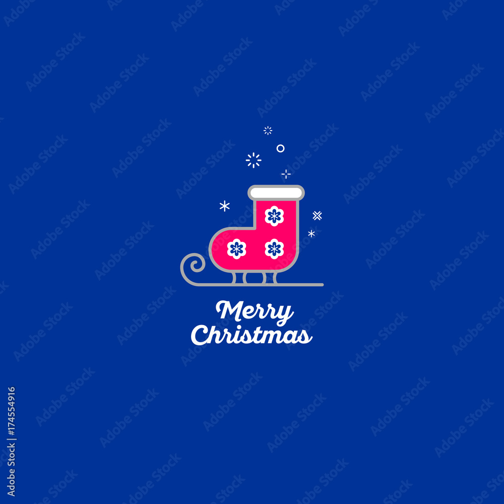 Fototapeta premium Merry Christmas. Red skates and snowflakes in the blue background.
