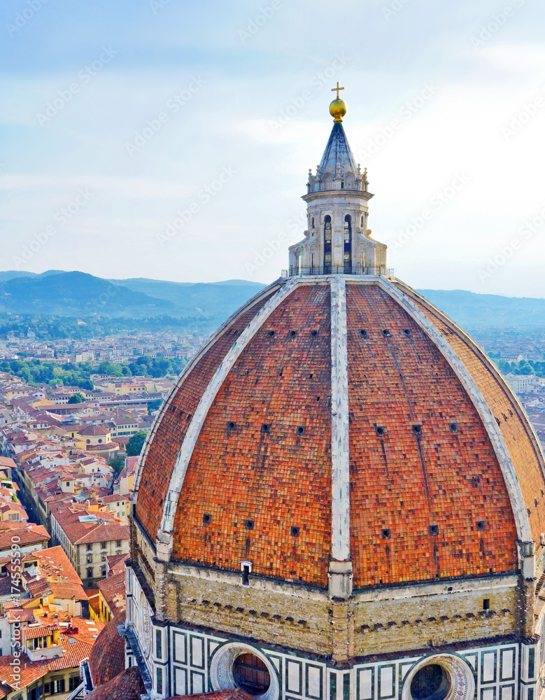 View of the dome of Florence Cathedral and the Florence city in the background on a sunny day. 