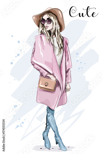 Beautiful young woman in coat and hat. Stylish clothing outfit. Fashion look. Sketch. Vector illustration.