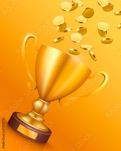 The winner's cup with flying gold coins . Vector illustration
