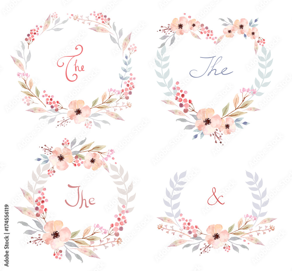 Vector Set of cute retro flowers arranged un a shape of the wreath perfect for wedding invitations and birthday cards