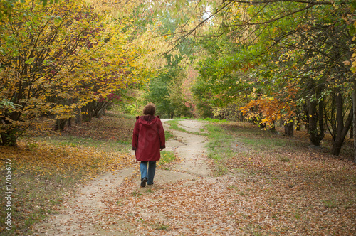 femme de dos marchant seule dans un jardin public en automne © pixarno