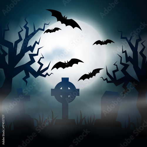 Night cemetery, crosses, tombstones and graves. Colorful scary Halloween illustration. Vector