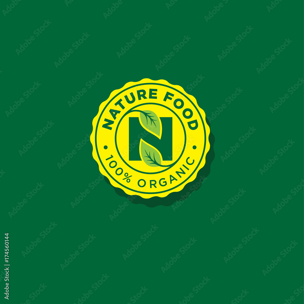 Nature food organic emblem. N letter. N monogram. Letter N and leaves in the badge.