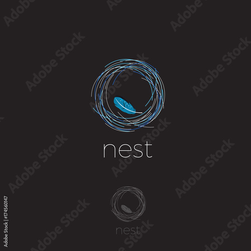 Nest Logo. Soft logo. Сomfort emblem. Luxury linen. Bedding logo. Nest with feather on a dark background.