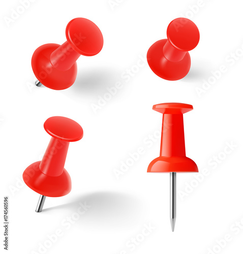 Red push pins isolated on white background. Vector illustration