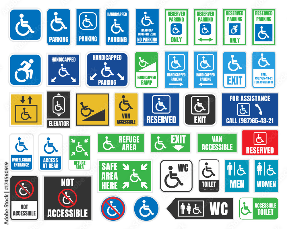handicap icons, parking and wc signs, disabled people