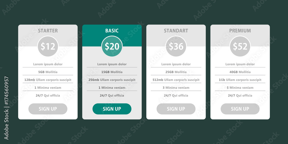 pricing table in flat design for websites and applications