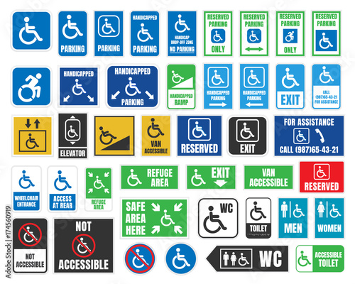 handicap icons, parking and wc signs, disabled people