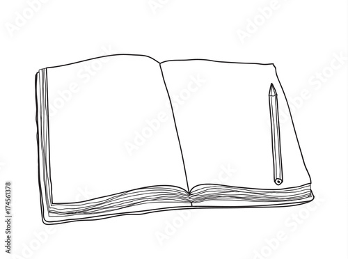 Notebook and pencils hand drawn line art vector illustration