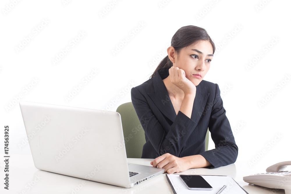 Asian Woman using Laptop for work, Woman working with boring emotion, Isolated on white background. Asian Woman using Laptop for work, Woman working with boring emotion, Isolated on white background.