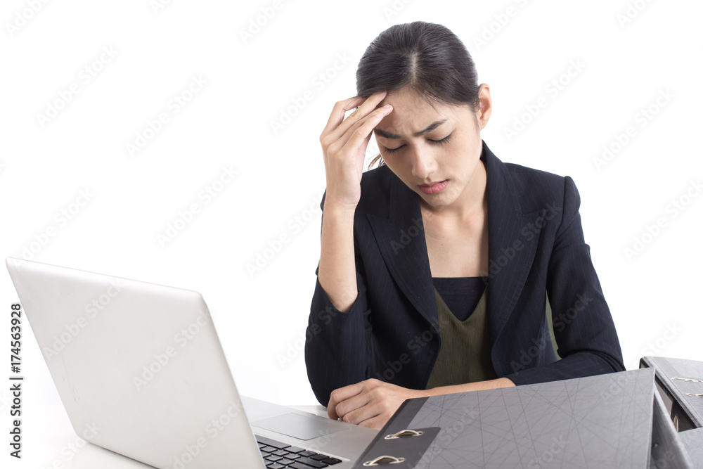 Asian woman working hard and feeling dizzy at office, woman with office syndrome concept, isolated on white background. Asian woman working hard and feeling dizzy at office, woman with office syndrome concept, isolated on white background.